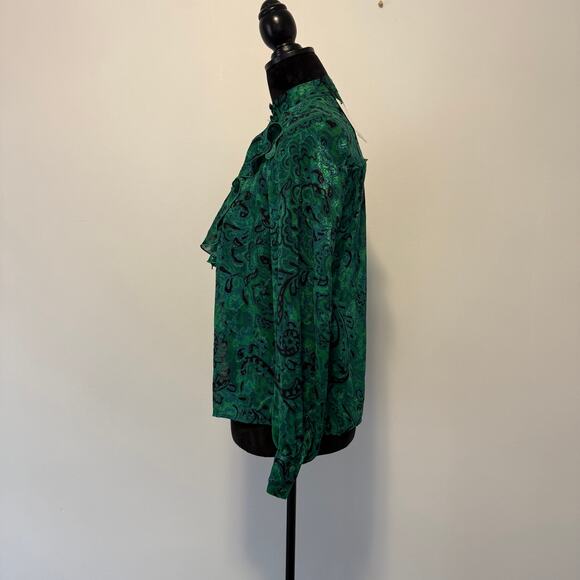 NWT Zara Green Paisley Ruffled Neck  Jacquared Long Sleeve Blouse Size XS - Picture 3 of 12